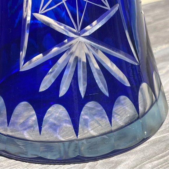VINTAGE Czech Republic cobalt blue bohemian lead crystal cut to clear pitcher - Picture 6 of 8
